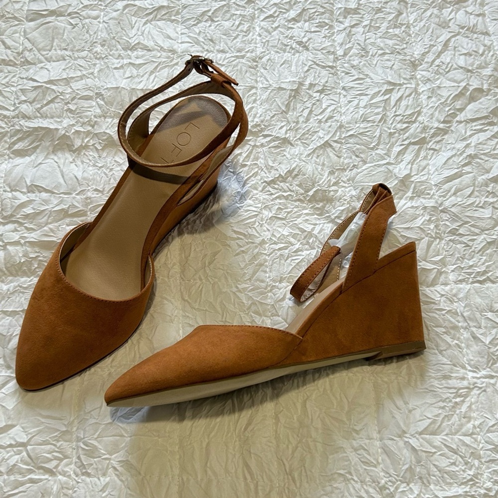 LOFT Tan Suede Pointed-Toe Wedge Heels